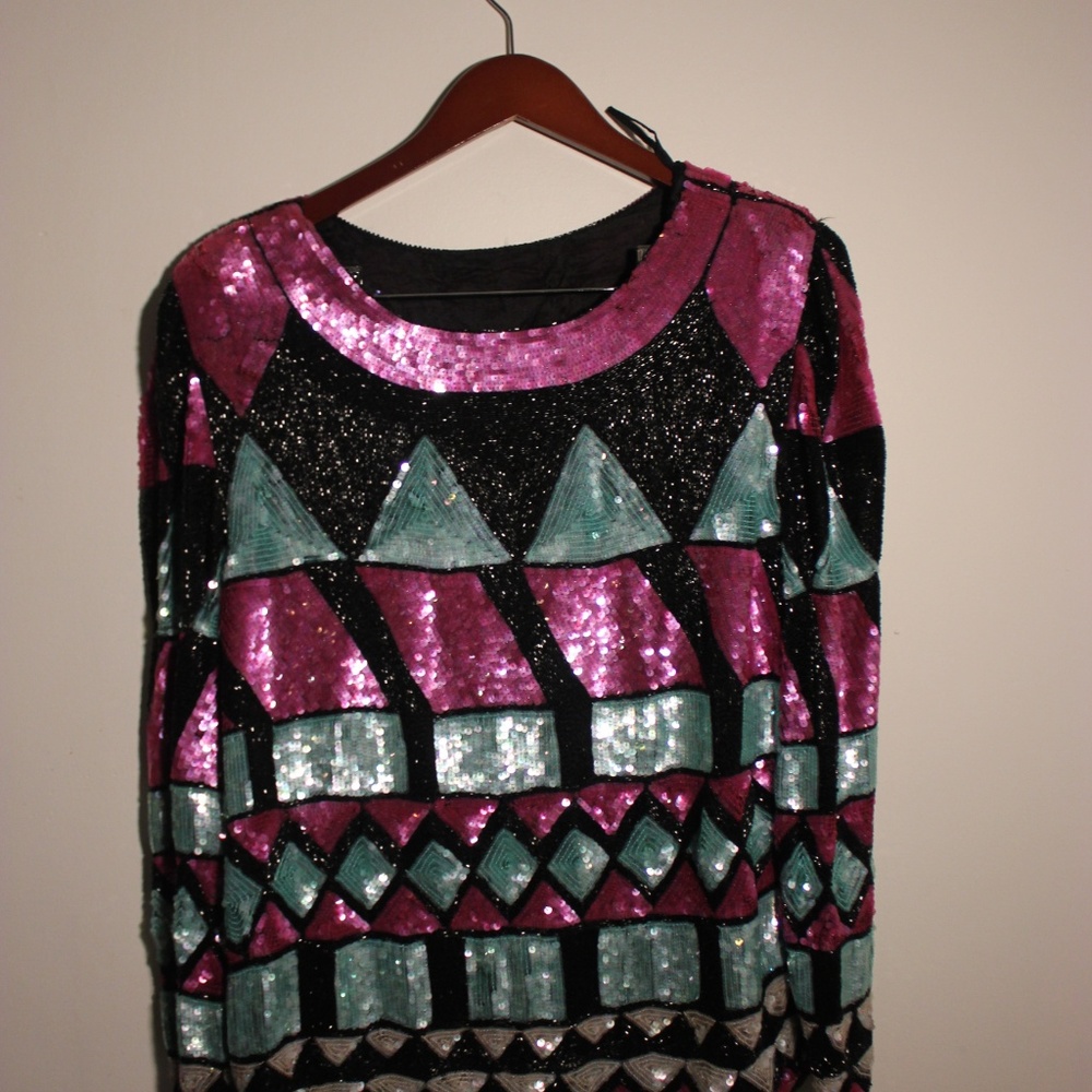 Full Sequin & Beaded Black, Purple and Green Shirt